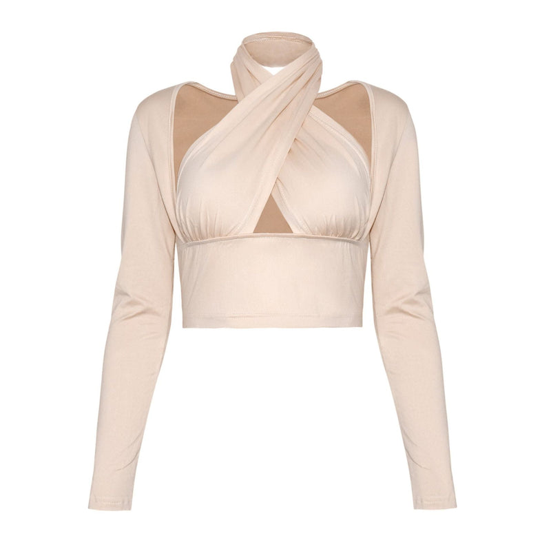 Cut Out Long Sleeve Cross Turtleneck Bodycon Solid Crop Top