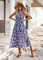 Sleeveless V-Neck Floral Print Loose Flared Midi Dress