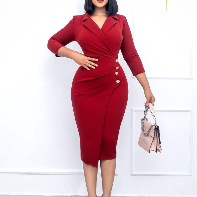 Elegant Solid Turn-Down Collar 3/4 Sleeve Bodycon Midi Dress