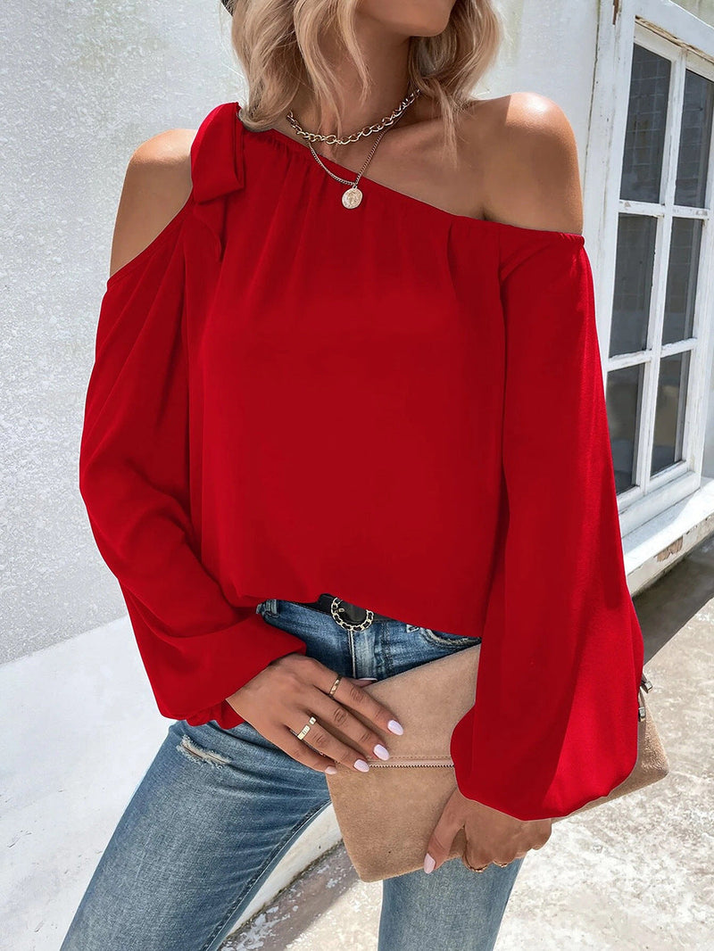 Cold Offshoulder Long Sleeve Solid Color Loose Blouse Top