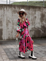 Floral Print V-Neck Long Sleeve Button Down Loose Midi Dress