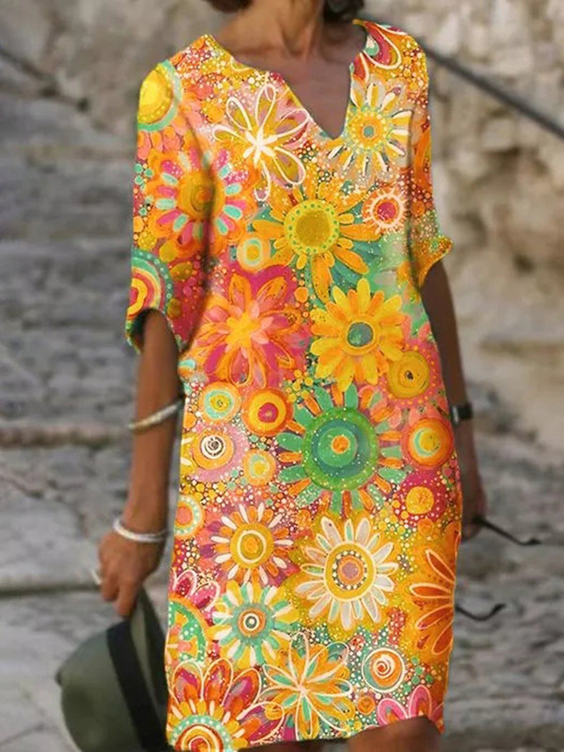 Casual Floral V Neck Short Sleeve Midi Dress