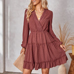 Elegant Long Sleeve Swiss Dot V-Neck Mini Dress