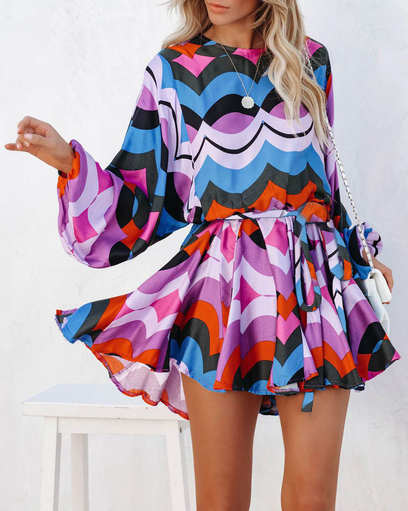 Fashion Long Sleeve Printed Pleated Mini Dress