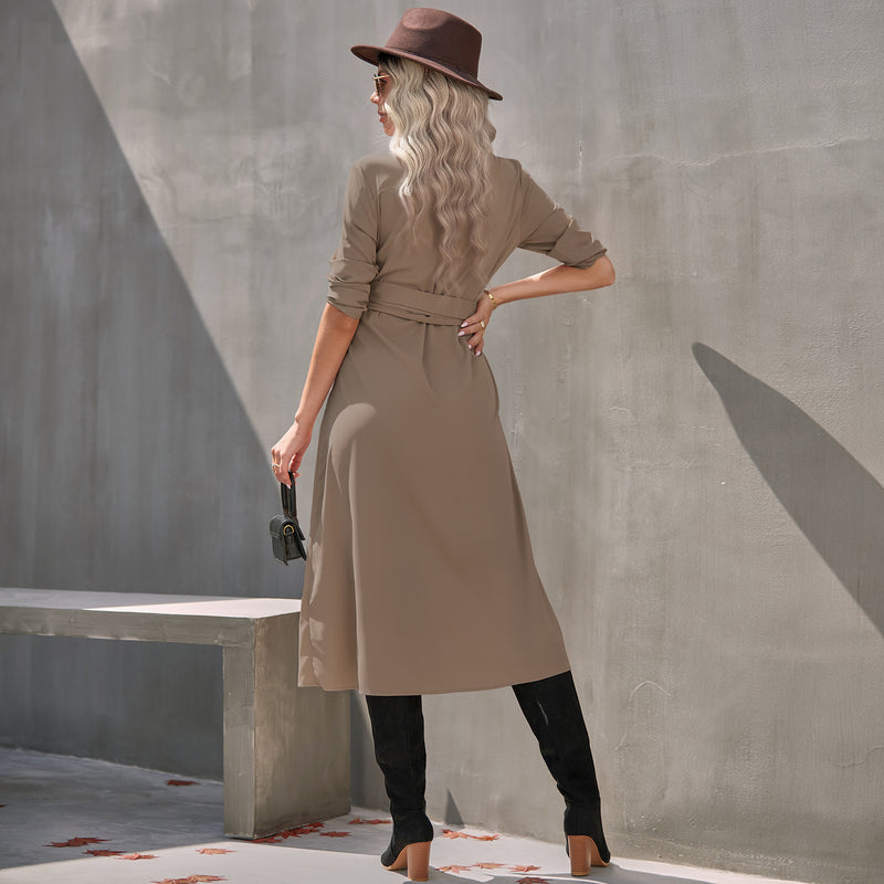 Button Down Collar Long Sleeve Midi Dress