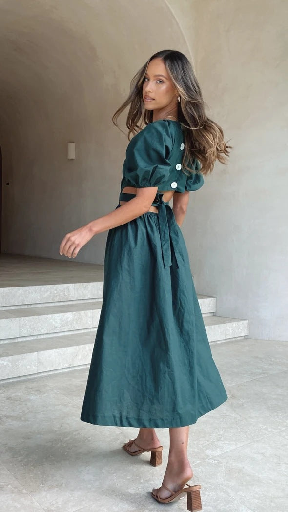 Puff Short Sleeve V Neck High Waist Maxi Dress