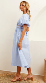 Puff Short Sleeve V Neck High Waist Maxi Dress