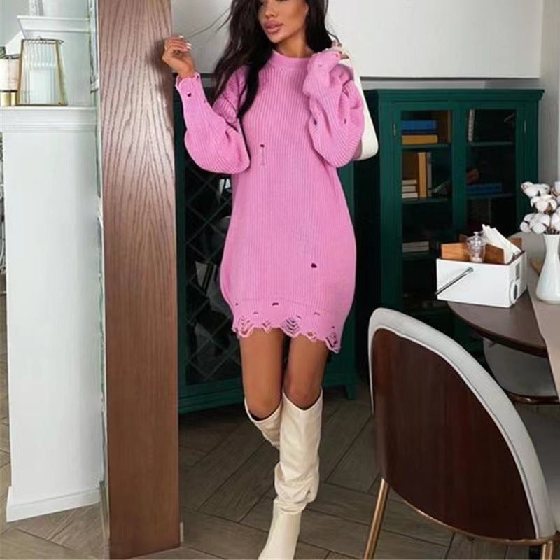 Solid Color Long Sleeve O-Neck Loose Mini Dress