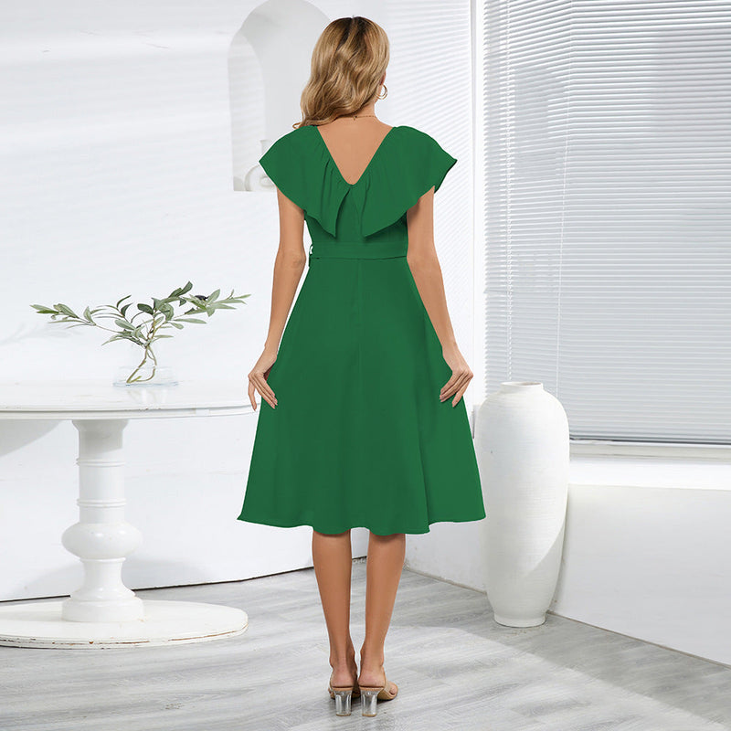 V-Neck Short Sleeve Belted Solid Flared Midi Dress