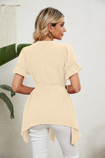 V-Neck Short Ruffle Sleeve Belted Solid Blouse