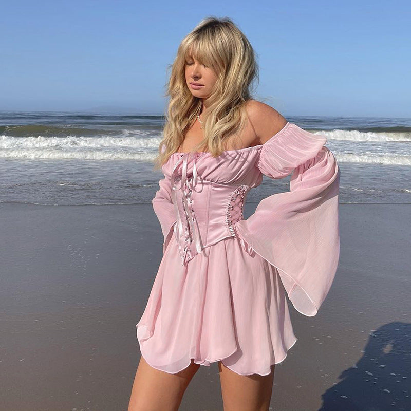 Off Shoulder Rope Closure Lined Long Ruffle Sleeve Mini Dress