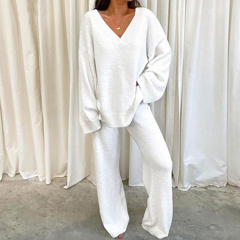 Two Piece Loose Long Sleeve V-Neck Top and  Pant Set