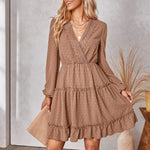 Elegant Long Sleeve Swiss Dot V-Neck Mini Dress