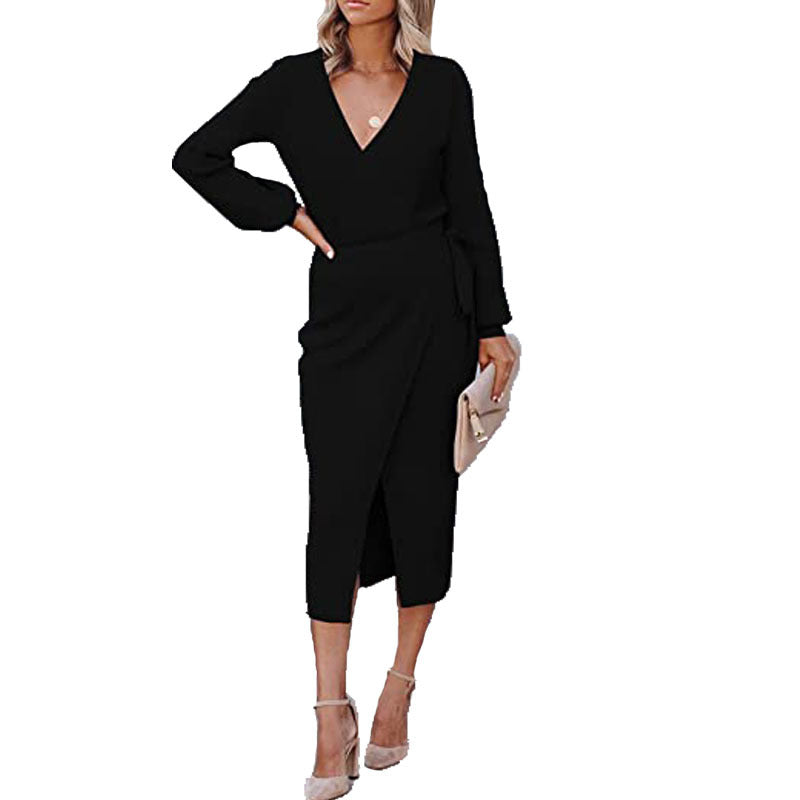 V-Neck Long Sleeve High Waist Wrap Midi Dress