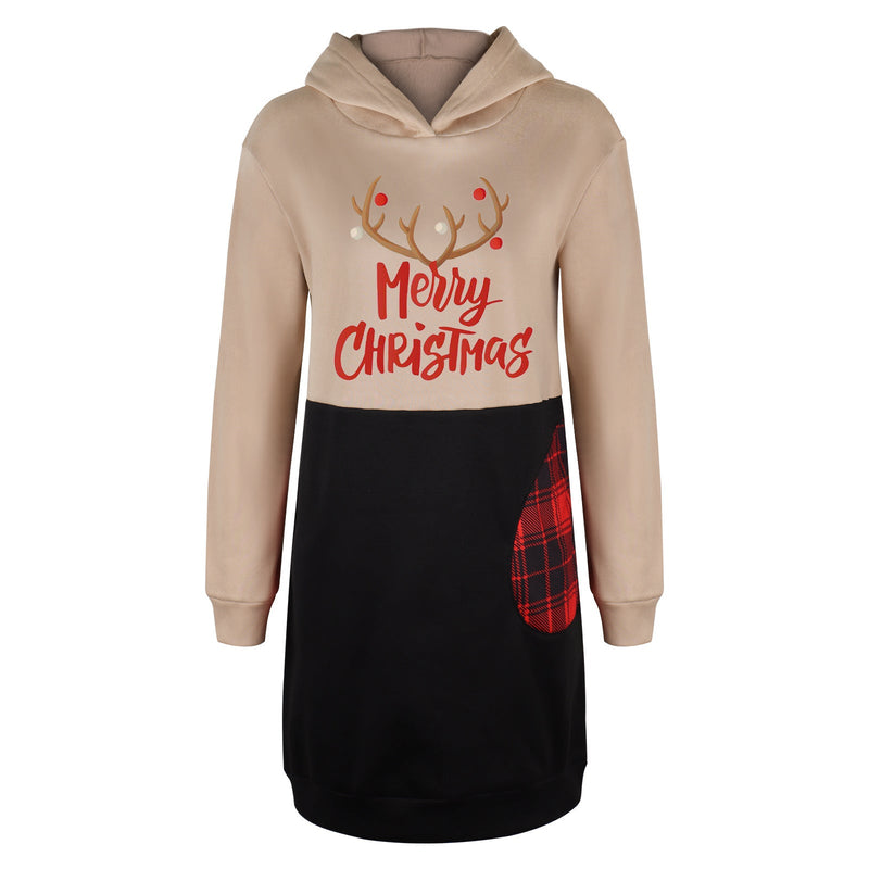 Christmas Printed Long Sleeve Hooded Sweatshirt Mini Dress