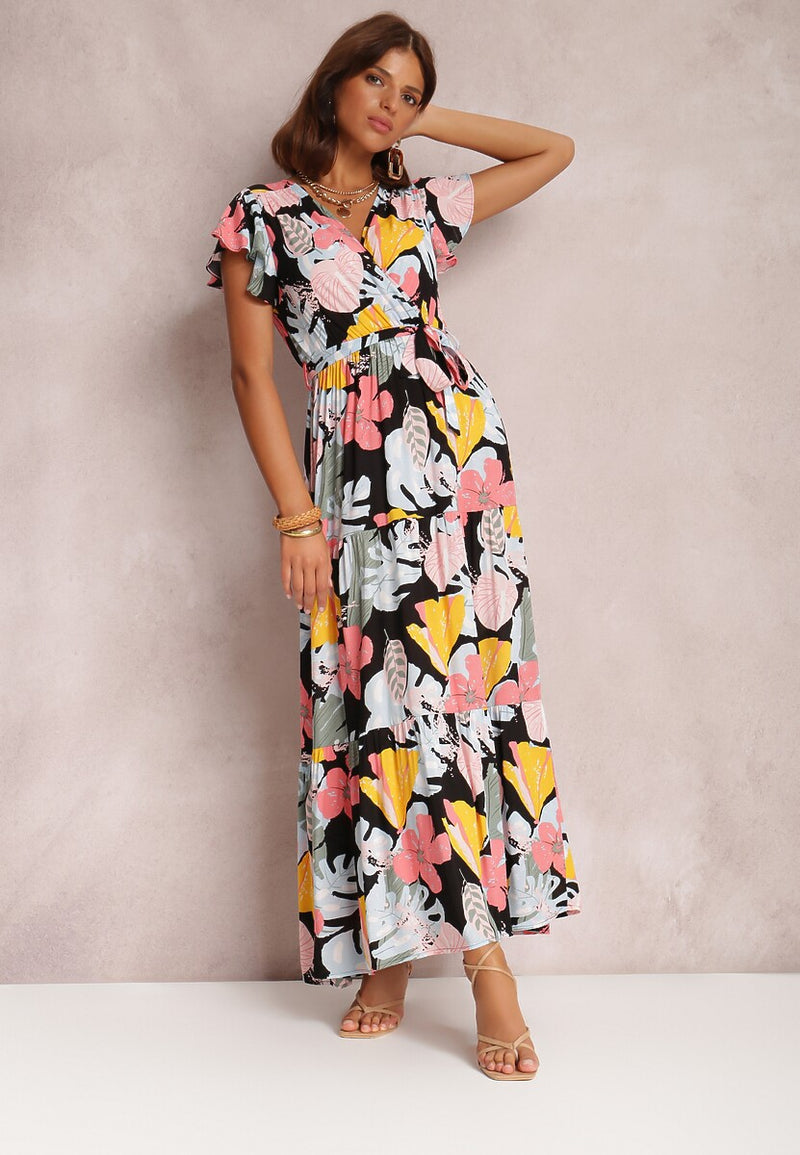 Floral Long Sleeve Cap Sleeve V Neck Maxi Dress