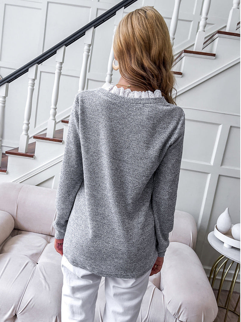 Casual V-Neck Long Sleeve Solid Loose Sweatshirt