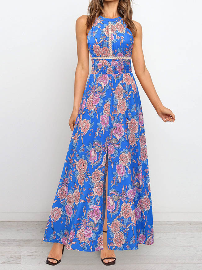 Halter Neck Cross Back SleevelessFloral Maxi Dress