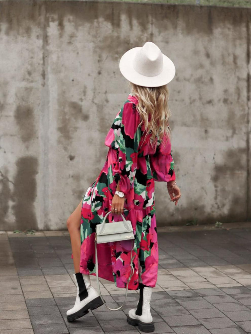 Floral Print V-Neck Long Sleeve Button Down Loose Midi Dress