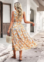 Sleeveless V-Neck Floral Print Loose Flared Midi Dress