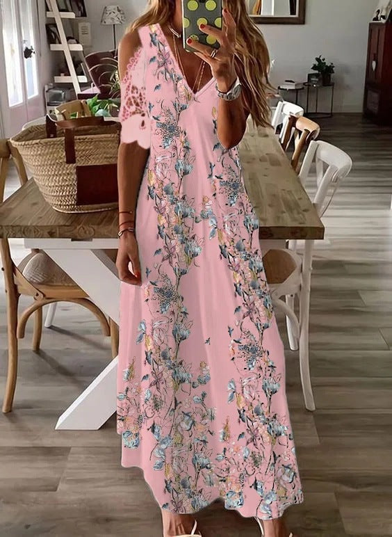 Cold Shoulder V Neck Short Sleeve Maxi Dress