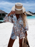 Stylish Wide Sleeve Deep V Neck Tie Waist Floral Mini Dress