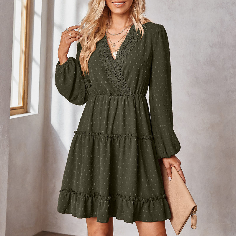 Elegant Long Sleeve Swiss Dot V-Neck Mini Dress