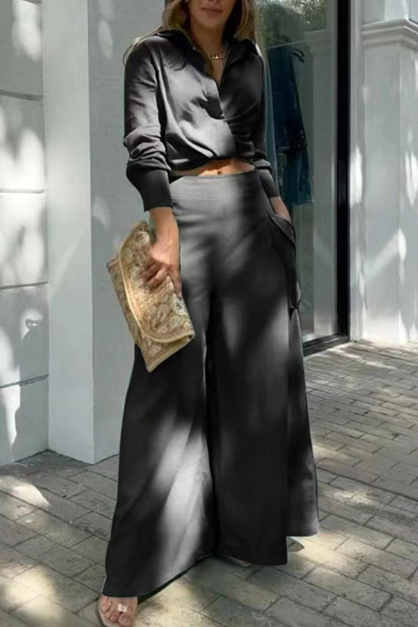 Button Cross Wrap Blouse Wide Leg Pants Set