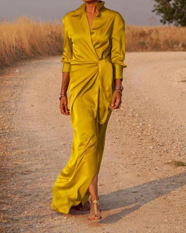 Casual Long Sleeve V-Neck Oversize Side Slit Long Dress