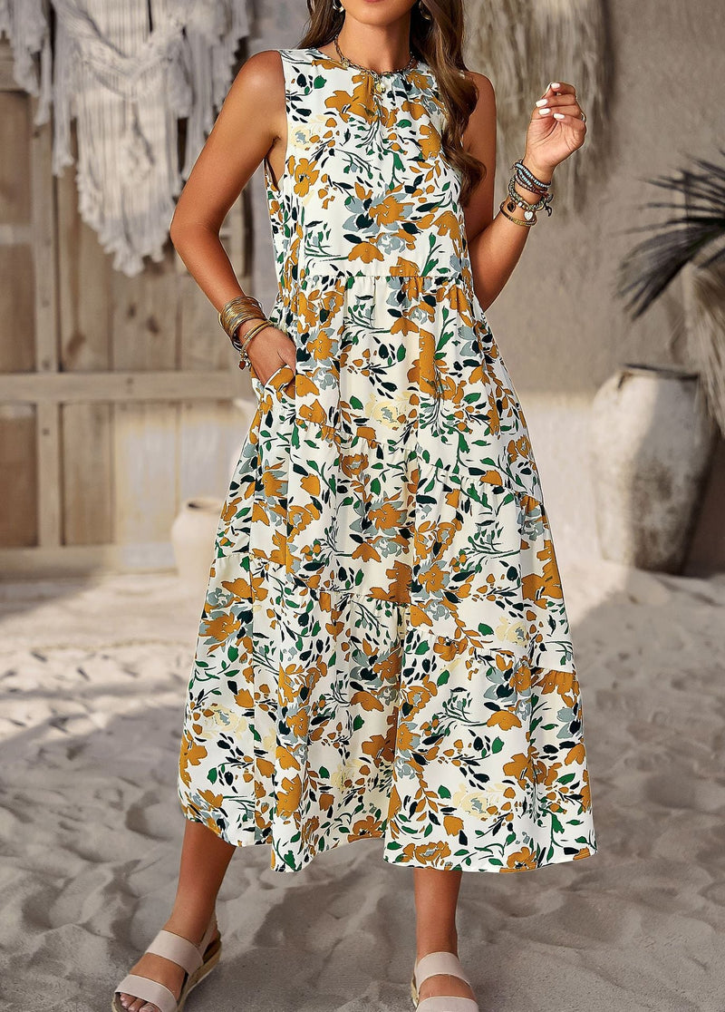 Fashion O-Neck Sleeveless Printed Flared Midi Dress