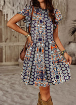 Crew Neck Ruffle Short Sleeve Printed Loose Midi Dress