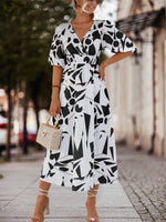 Short Sleeve V-Neck Printed Flared Midi Dress