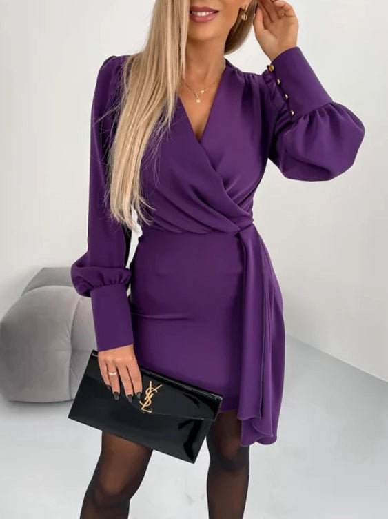 Crossed V-Neck Long Sleeve Solid Mini Dress