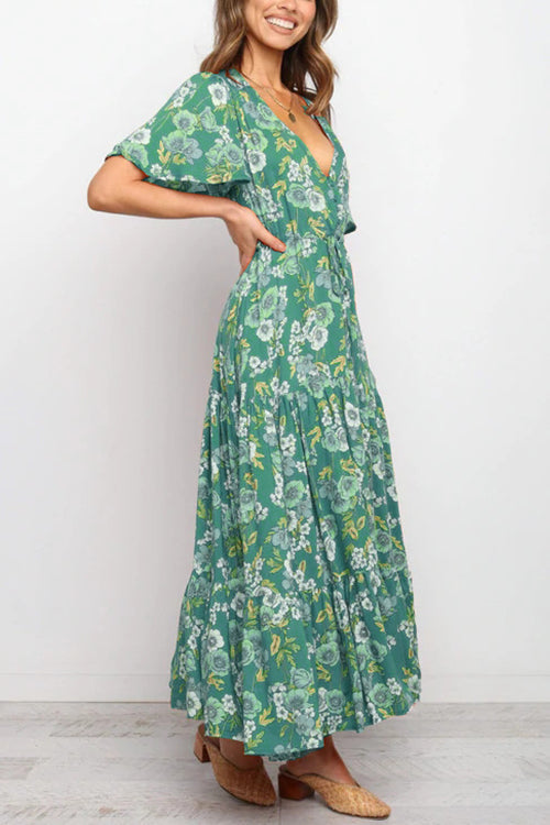 Floral V Neck Tie Waist Maxi Dress