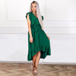 Casual Ruffle Sleeve V Neck Side Wrap Maxi Dress