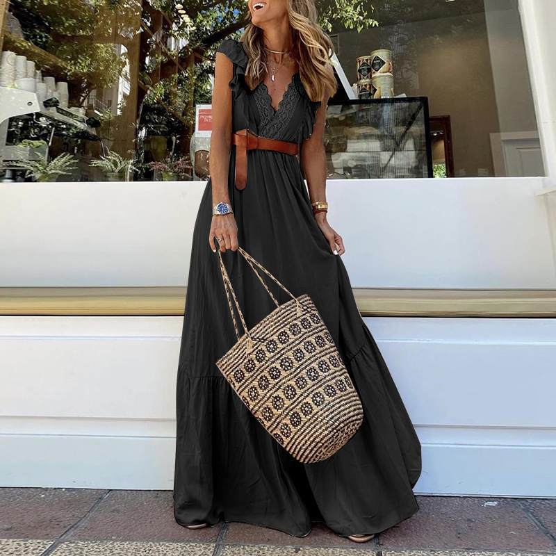 Belted Deep V Neck Sleeveless High Waist Maxi Dress