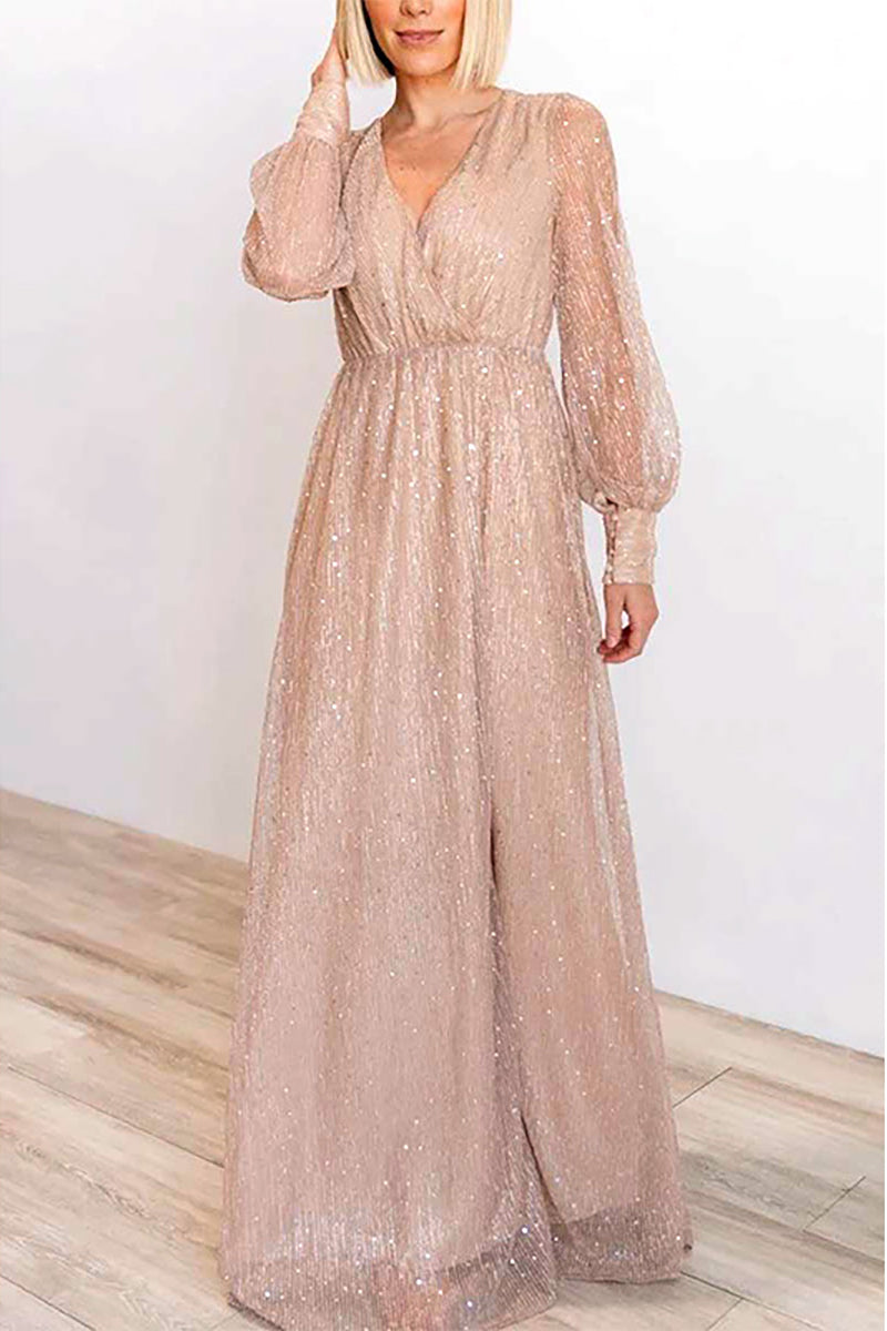 Sparkle Puff Long Sleeve Slit Maxi Dress