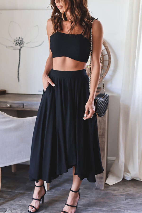 Tie Shoulder Crop Top Pockets Maxi Skirt Set