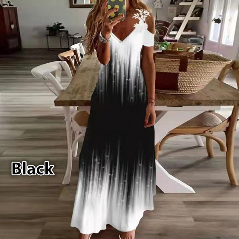 Elegant V-Neck Off Shoulder Short Sleeve Printed Maxi Dress