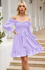 Square Neck Back Offshoulder Waist Wrap Mini Dress