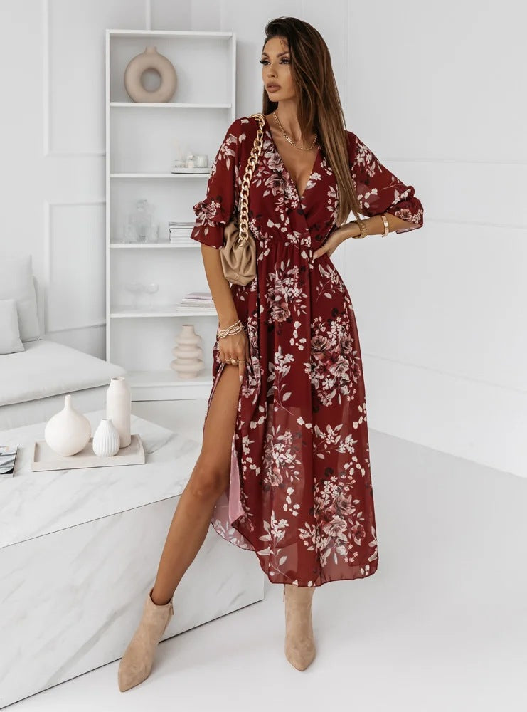 Short Sleeve Flowy V Neck Side Split Maxi Dress