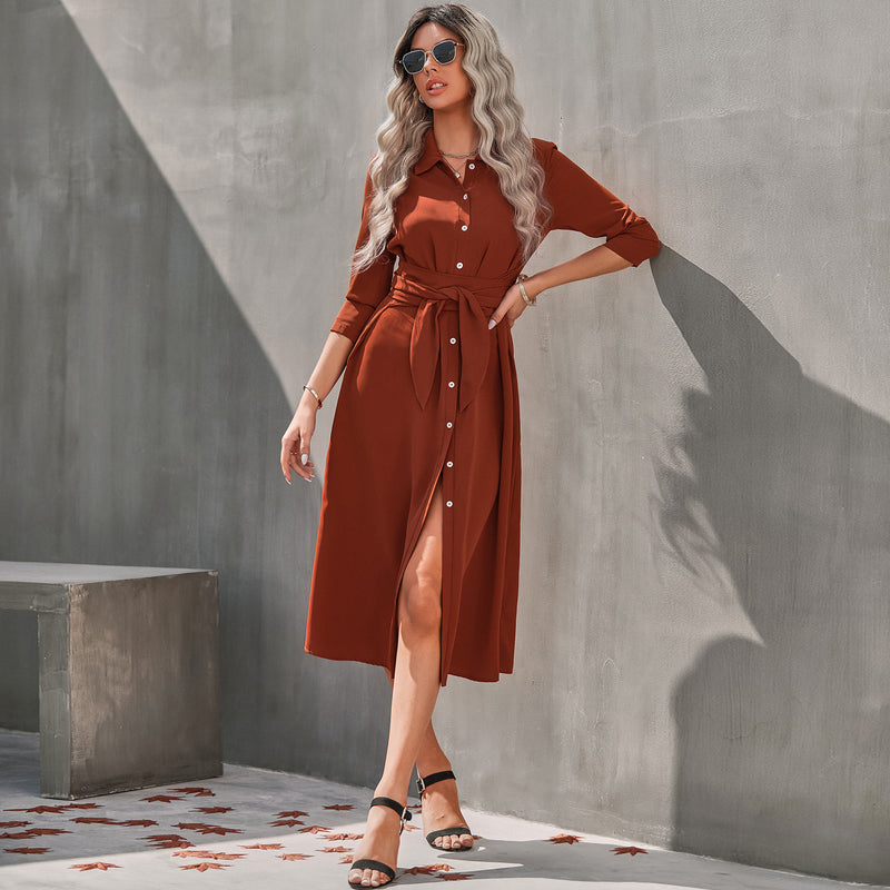 Button Down Collar Long Sleeve Midi Dress