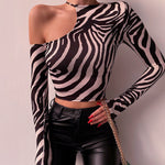 O-Neck Off Shoulder Long Sleeve Leopard Print Bodycon Top