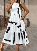 Fashion O-Neck Sleeveless Printed Flared Midi Dress