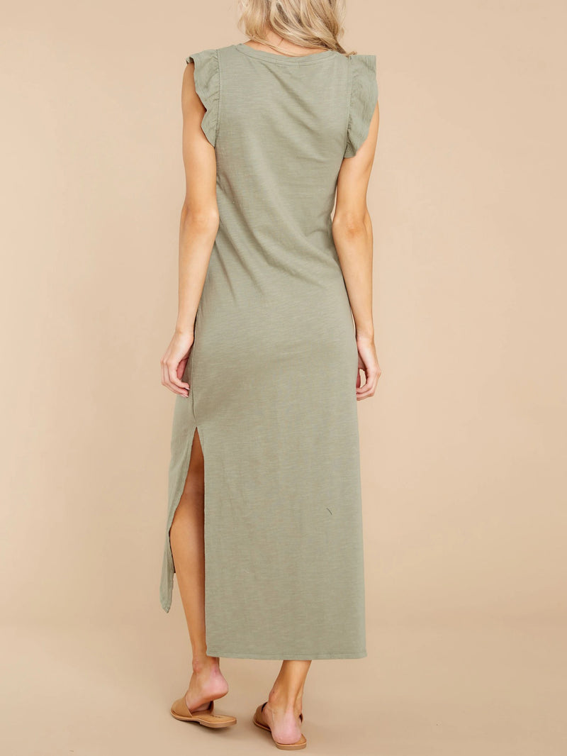 O-Neck Solid Color Double Split Midi Dress