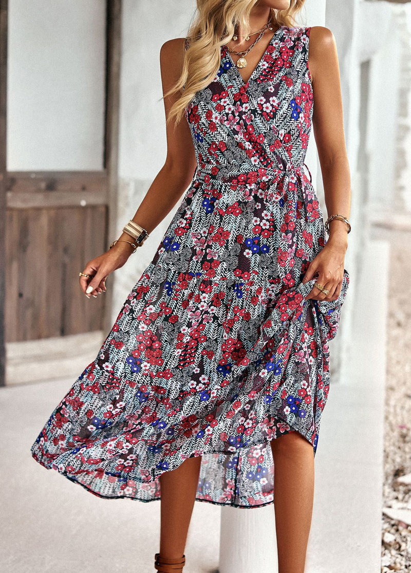 Sleeveless V-Neck Floral Print Loose Flared Midi Dress