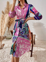 Long Sleeve Printed Belted Foulard Midi Dress