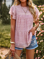 Casual O-Neck Ruffle Short Sleeve Printed Loose T-Shirt