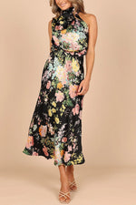 Turtleneck Sleeveless High Waist Floral Print Midi Dress