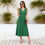 Casual Sleeveless V-Neck Flared Solid Midi Dress